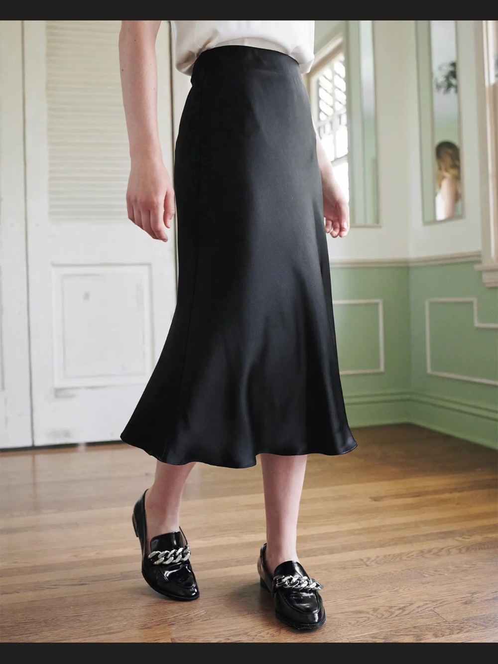 Black Satin Midi Skirt - Women's Elegant Flare